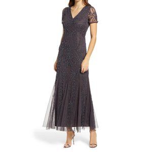 New Pisarro Nights Beaded Mesh Gown Size 10 Women's Grey NWT